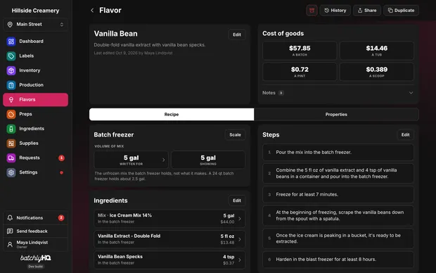 A flavor's page: its recipe on its mix, and what a pint and a bucket cost