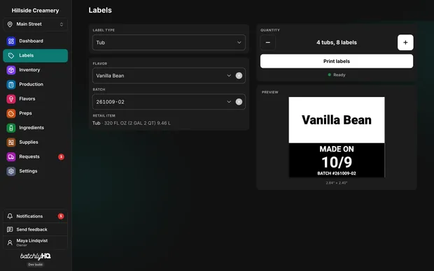 The Labels page: a bucket label for a flavor, with its allergens and batch code